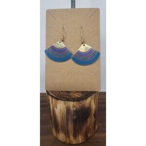 Vintage Laurel Burch Enamel 1" Dangle Earrings Mali Fan Turquoise Gold Tone